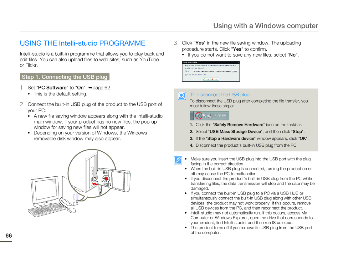 Samsung HMX-W200RP/XER manual Using with a Windows computer, Using the Intelli-studio Programme, Connecting the USB plug 