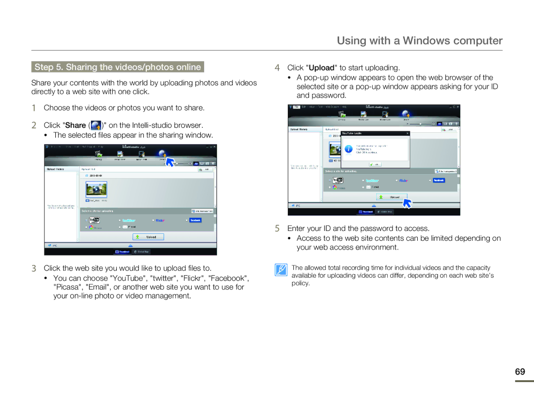 Samsung HMX-W200RP/EDC, HMX-W200TP/EDC, HMX-W200TP/XER, HMX-W200RP/XER, HMX-W200RP/XIL manual Sharing the videos/photos online 