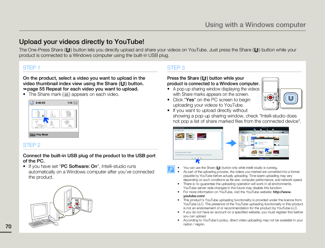 Samsung HMX-W200TP/XER, HMX-W200TP/EDC, HMX-W200RP/EDC, HMX-W200RP/XER, HMX-W200RP/XIL Upload your videos directly to YouTube 