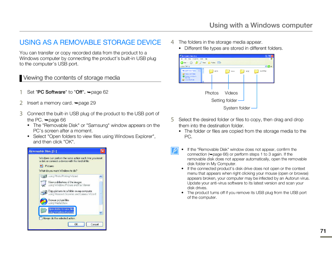 Samsung HMX-W200RP/XER, HMX-W200TP/EDC manual Using AS a Removable Storage Device, Viewing the contents of storage media 