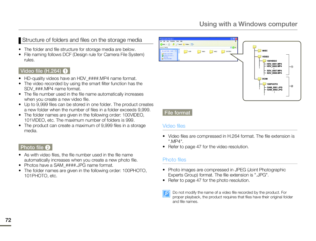 Samsung HMX-W200RP/XIL Structure of folders and files on the storage media, Video file H.264, Photo file, File format 