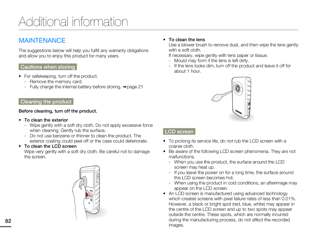 Samsung HMX-W200RP/XIL, HMX-W200TP/EDC manual Additional information, Maintenance, Cleaning the product, LCD screen 