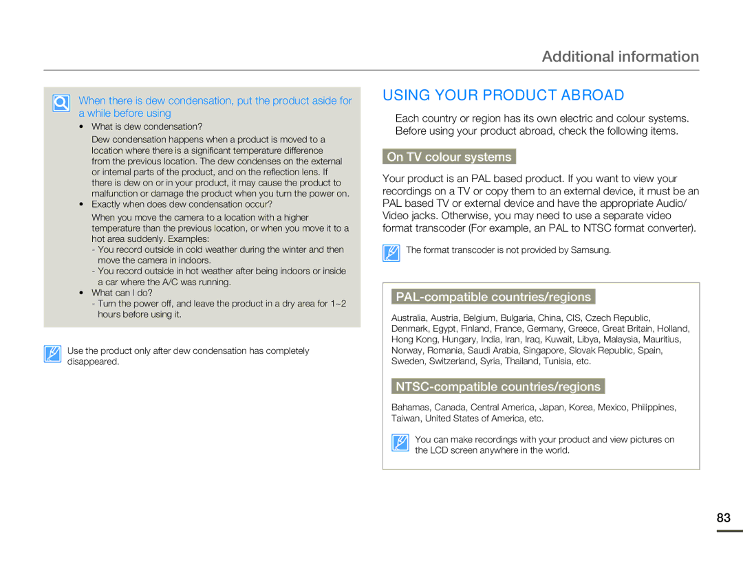 Samsung HMX-W200TP/EDC, HMX-W200RP/EDC manual Additional information, Using Your Product Abroad, On TV colour systems 