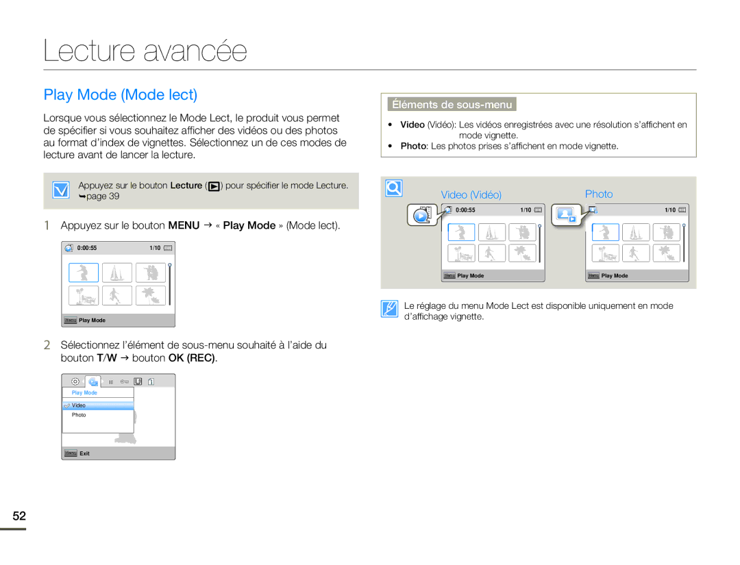 Samsung HMX-W200TP/EDC manual Lecture avancée, Play Mode Mode lect, Appuyez sur le bouton Menu J « Play Mode » Mode lect 