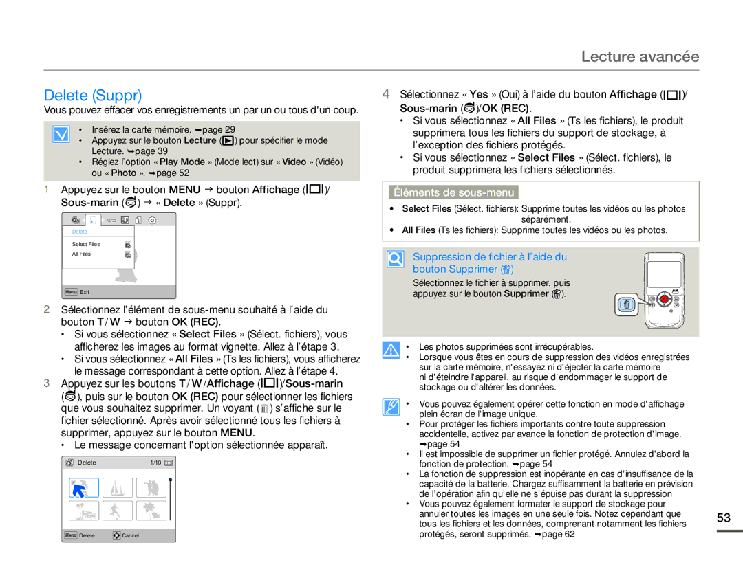 Samsung HMX-W200RP/EDC, HMX-W200TP/EDC Lecture avancée, Delete Suppr, Suppression de fichier à l’aide du bouton Supprimer 