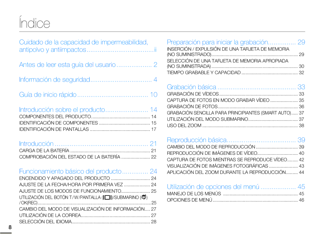 Samsung HMX-W200TP/EDC, HMX-W200RP/EDC manual Índice, Preparación para iniciar la grabación 