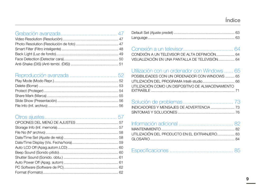 Samsung HMX-W200RP/EDC, HMX-W200TP/EDC manual Índice, Grabación avanzada 