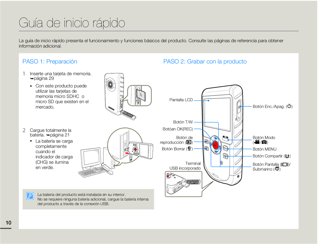 Samsung HMX-W200TP/EDC, HMX-W200RP/EDC manual Guía de inicio rápido, Inserte una tarjeta de memoria ¬página 