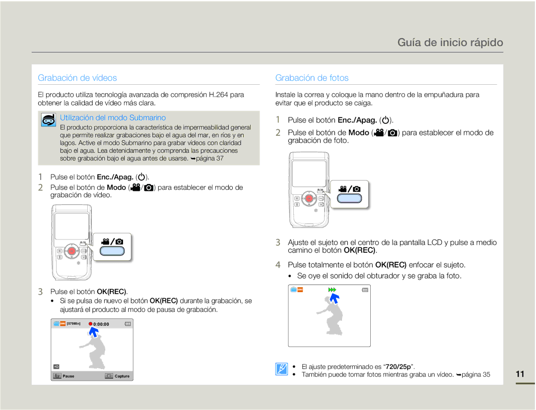 Samsung HMX-W200RP/EDC, HMX-W200TP/EDC manual Guía de inicio rápido, Utilización del modo Submarino 