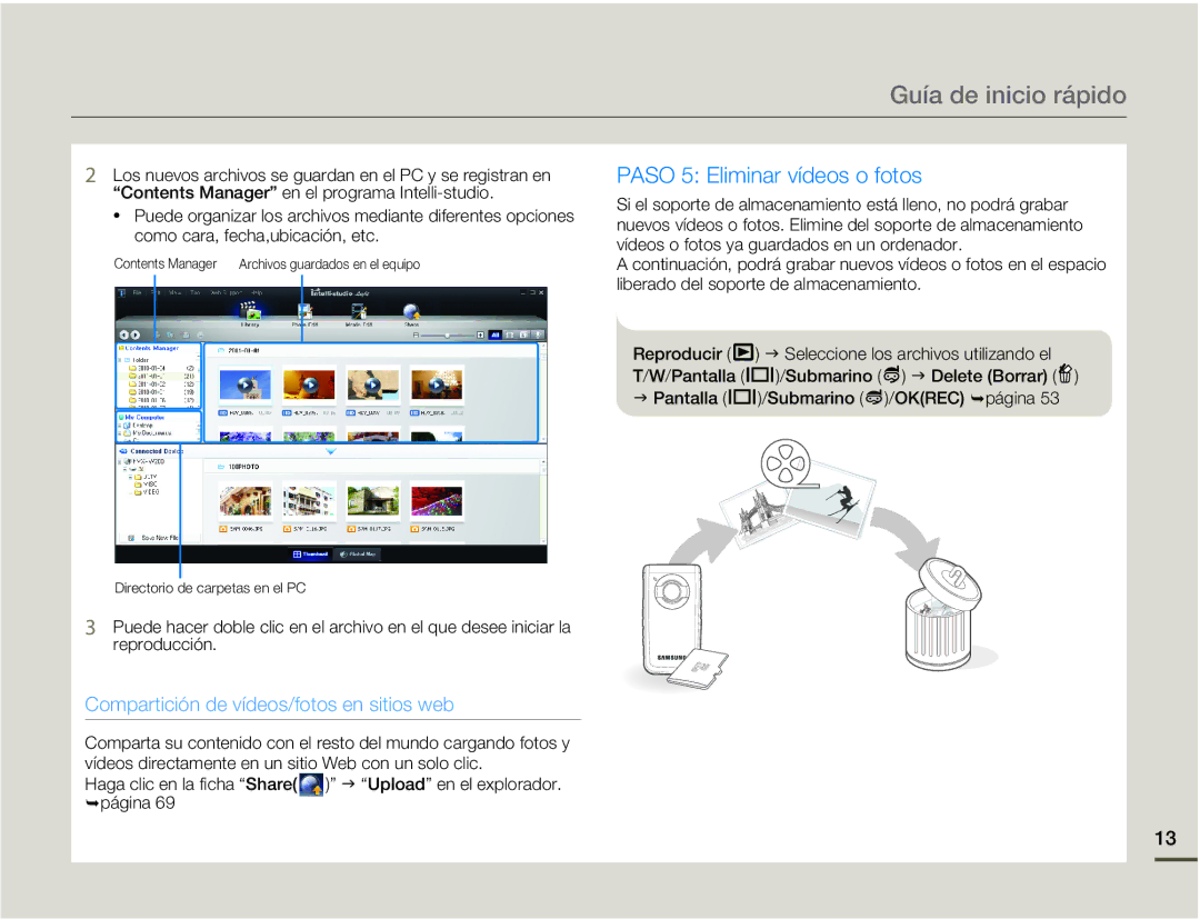 Samsung HMX-W200RP/EDC, HMX-W200TP/EDC manual Paso 5 Eliminar vídeos o fotos 
