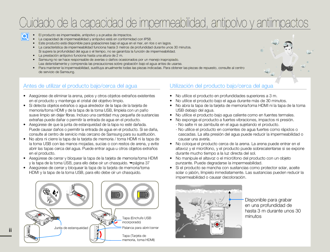 Samsung HMX-W200TP/EDC, HMX-W200RP/EDC manual Tapa Enchufe USB 