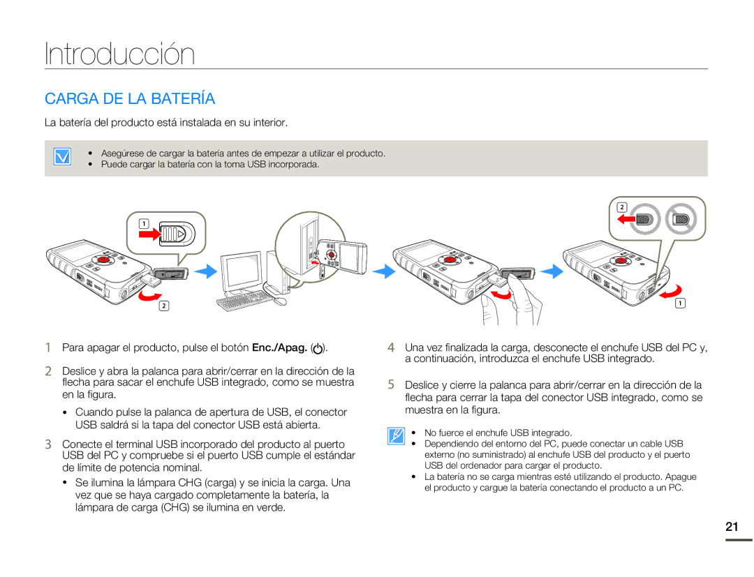 Samsung HMX-W200RP/EDC manual Introducción, Carga DE LA Batería, La batería del producto está instalada en su interior 