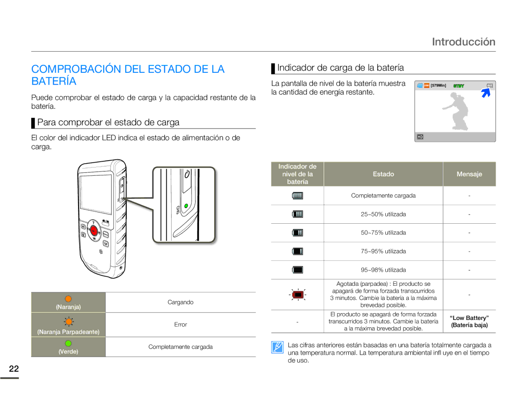 Samsung HMX-W200TP/EDC manual Introducción, Comprobación DEL Estado DE LA Batería, Para comprobar el estado de carga 