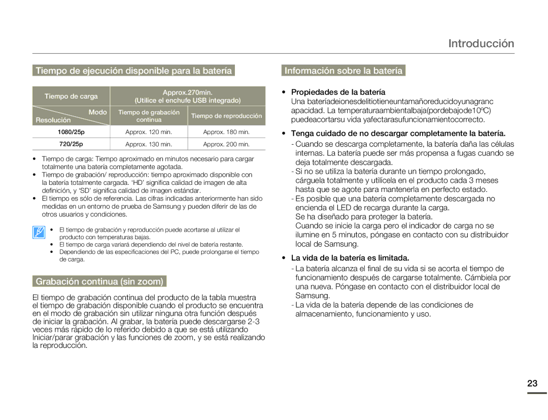 Samsung HMX-W200RP/EDC manual Tiempo de ejecución disponible para la batería, Grabación continua sin zoom, Resolución 