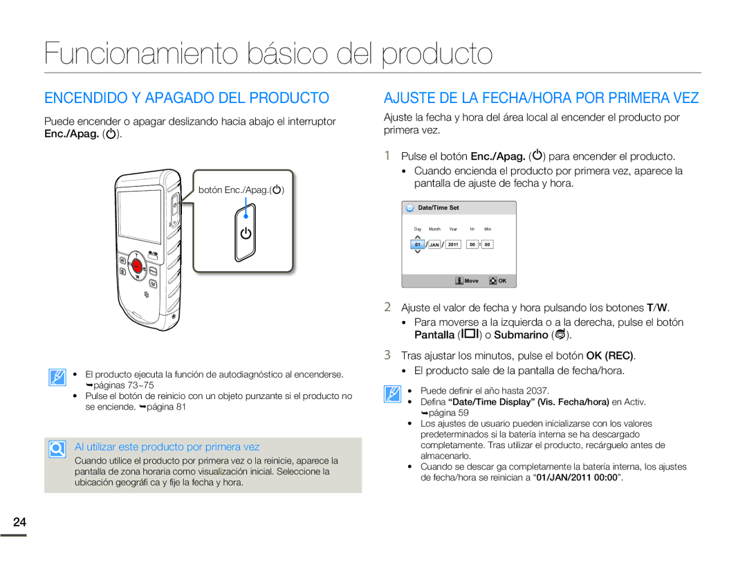 Samsung HMX-W200TP/EDC, HMX-W200RP/EDC manual Funcionamiento básico del producto, Encendido Y Apagado DEL Producto 