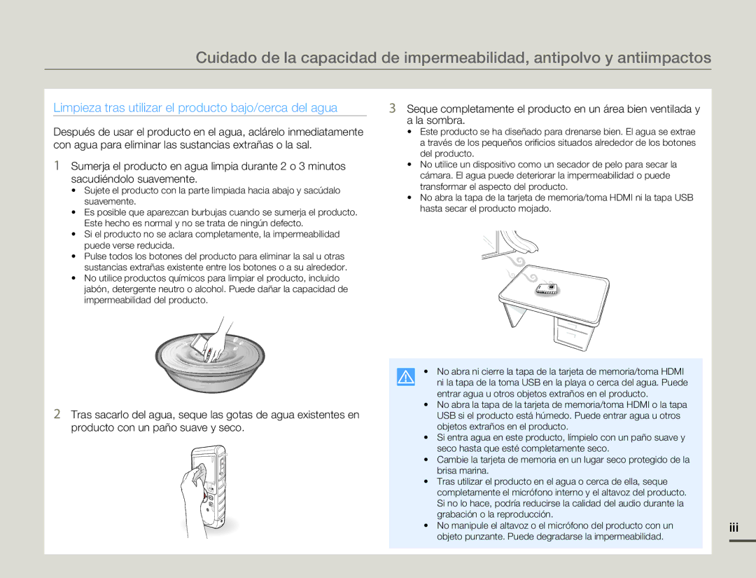 Samsung HMX-W200RP/EDC, HMX-W200TP/EDC manual Limpieza tras utilizar el producto bajo/cerca del agua, Iii 