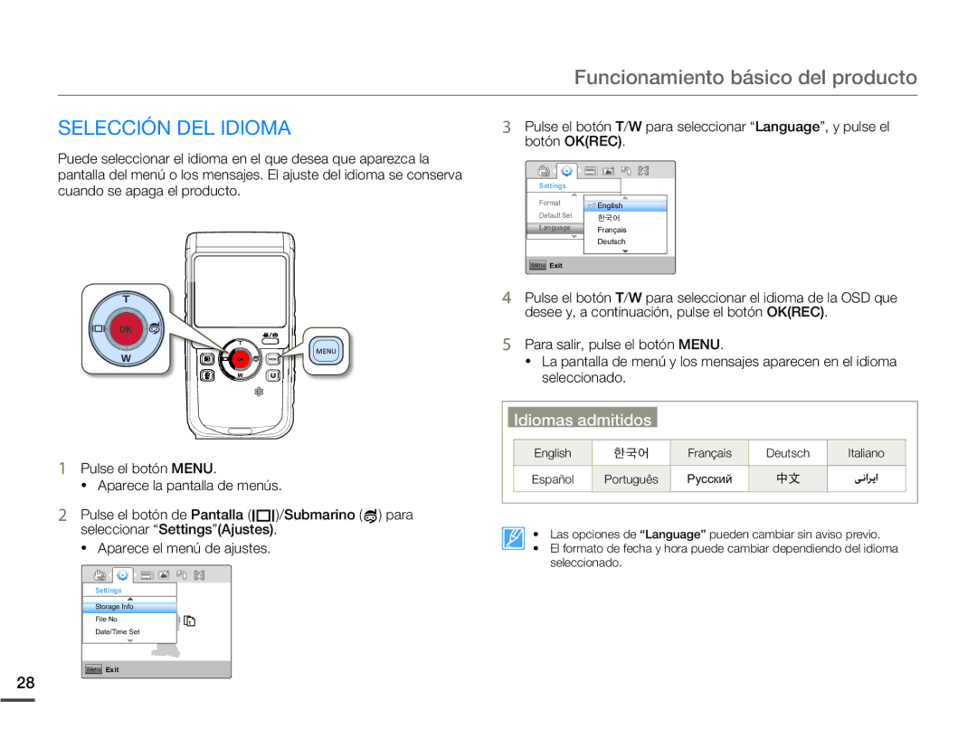 Samsung HMX-W200TP/EDC, HMX-W200RP/EDC manual Selección DEL Idioma, Idiomas admitidos 