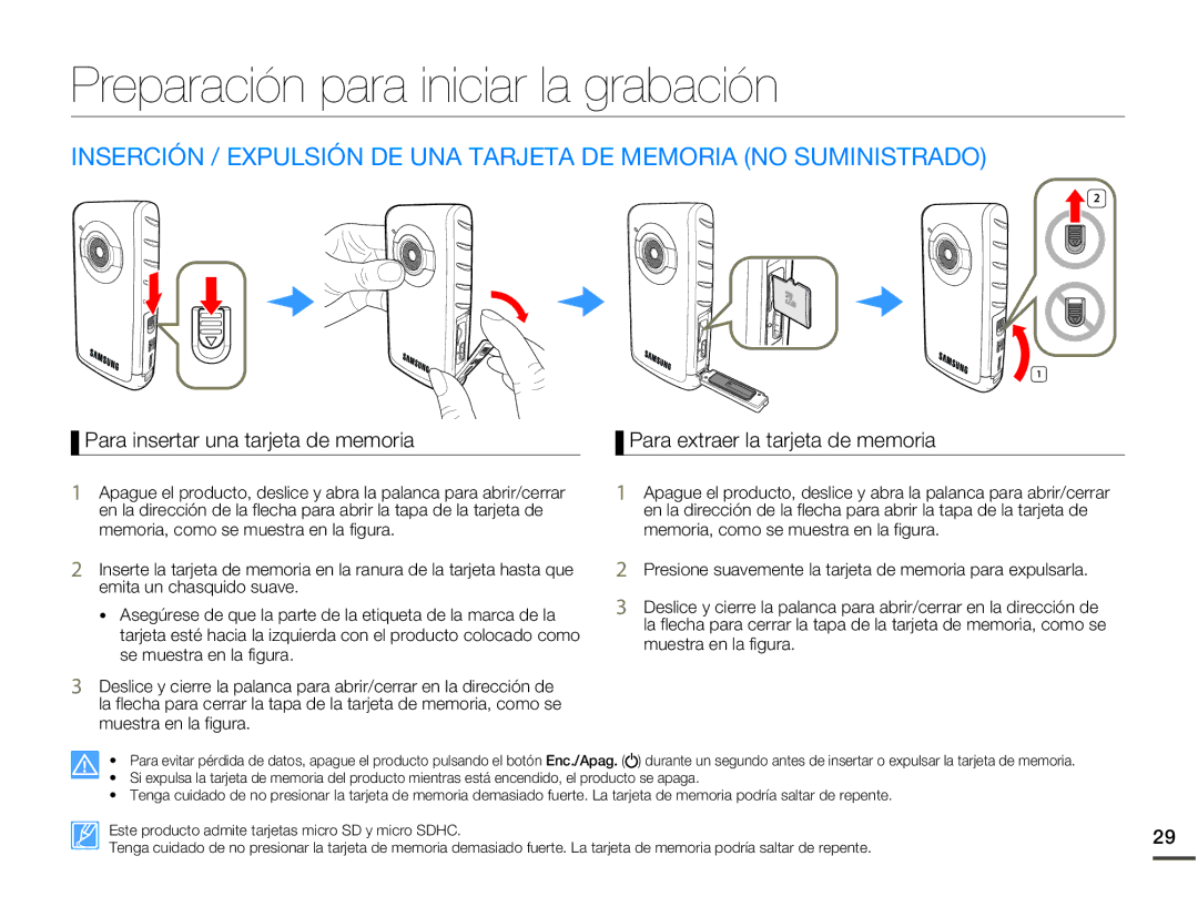 Samsung HMX-W200RP/EDC, HMX-W200TP/EDC manual Preparación para iniciar la grabación, Para insertar una tarjeta de memoria 