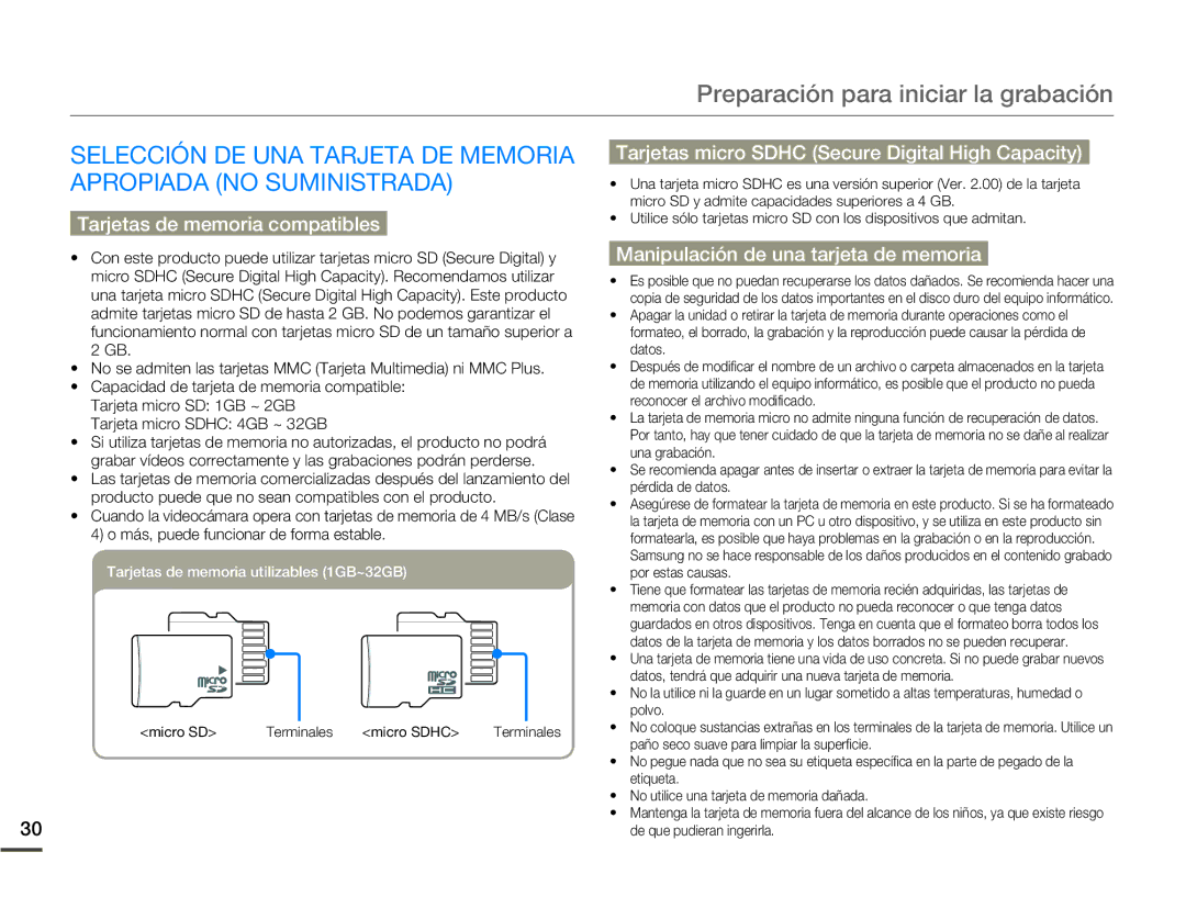 Samsung HMX-W200TP/EDC, HMX-W200RP/EDC manual Preparación para iniciar la grabación, Selección DE UNA Tarjeta DE Memoria 