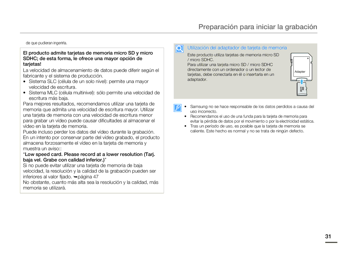 Samsung HMX-W200RP/EDC, HMX-W200TP/EDC manual Utilización del adaptador de tarjeta de memoria 