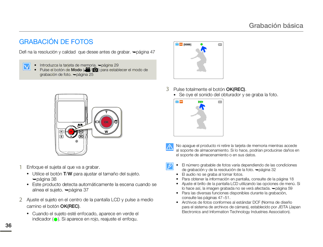 Samsung HMX-W200TP/EDC, HMX-W200RP/EDC manual Grabación DE Fotos 