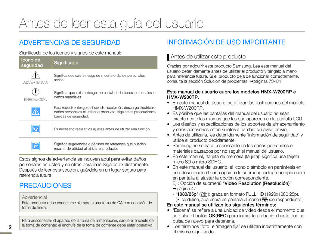 Samsung HMX-W200TP/EDC, HMX-W200RP/EDC manual Antes de leer esta guía del usuario, Advertencias DE Seguridad, Precauciones 