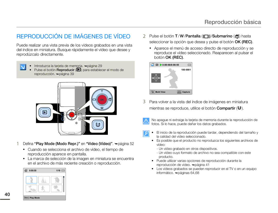 Samsung HMX-W200TP/EDC, HMX-W200RP/EDC manual Reproducción básica, Reproducción DE Imágenes DE Vídeo 