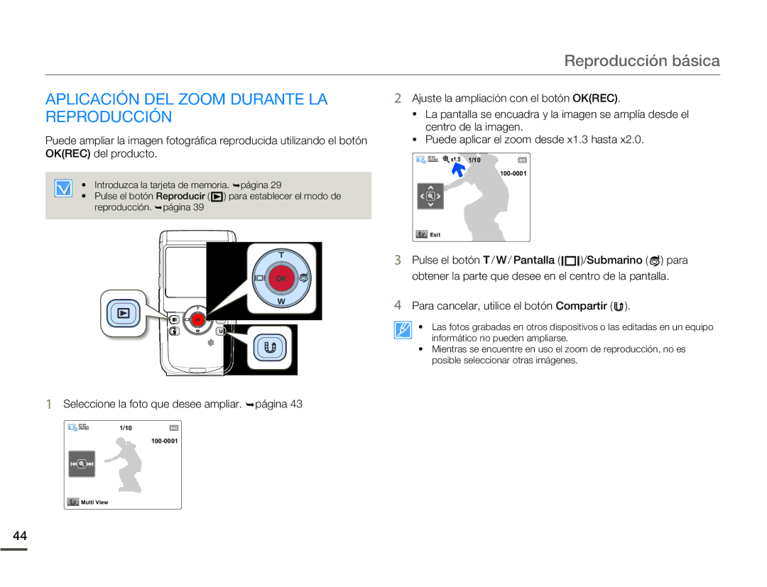 Samsung HMX-W200TP/EDC manual Aplicación DEL Zoom Durante LA Reproducción, Seleccione la foto que desee ampliar. ¬página 