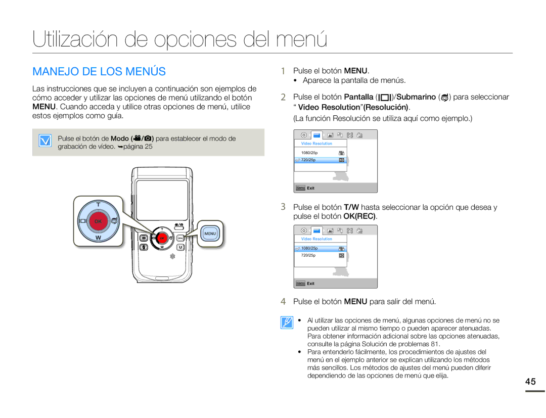 Samsung HMX-W200RP/EDC Utilización de opciones del menú, Manejo DE LOS Menús, Pulse el botón Menu para salir del menú 