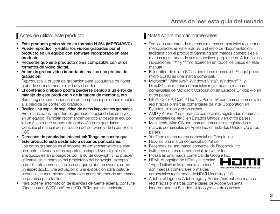 Samsung HMX-W200RP/EDC, HMX-W200TP/EDC manual Antes de leer esta guía del usuario, Notas sobre marcas comerciales 