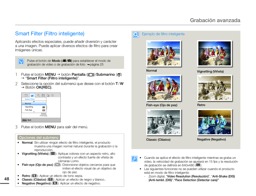 Samsung HMX-W200TP/EDC, HMX-W200RP/EDC manual Grabación avanzada, Smart Filter Filtro inteligente 