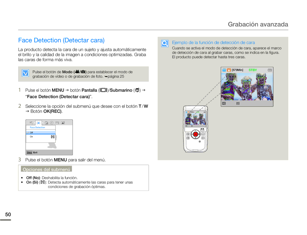 Samsung HMX-W200TP/EDC, HMX-W200RP/EDC manual Face Detection Detectar cara, Ejemplo de la función de detección de cara 