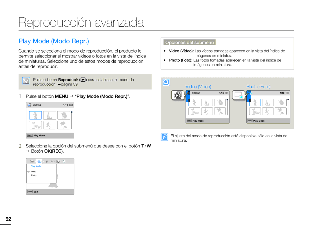 Samsung HMX-W200TP/EDC, HMX-W200RP/EDC manual Reproducción avanzada, Pulse el botón Menu J Play Mode Modo Repr 