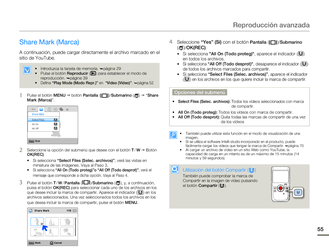 Samsung HMX-W200RP/EDC, HMX-W200TP/EDC manual Share Mark Marca, Utilización del botón Compartir 