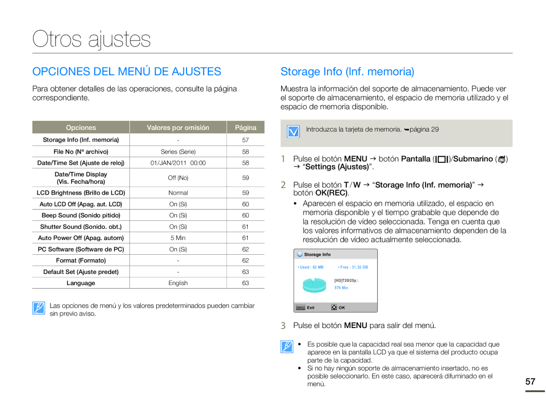 Samsung HMX-W200RP/EDC, HMX-W200TP/EDC manual Otros ajustes, Opciones DEL Menú DE Ajustes, Storage Info Inf. memoria 