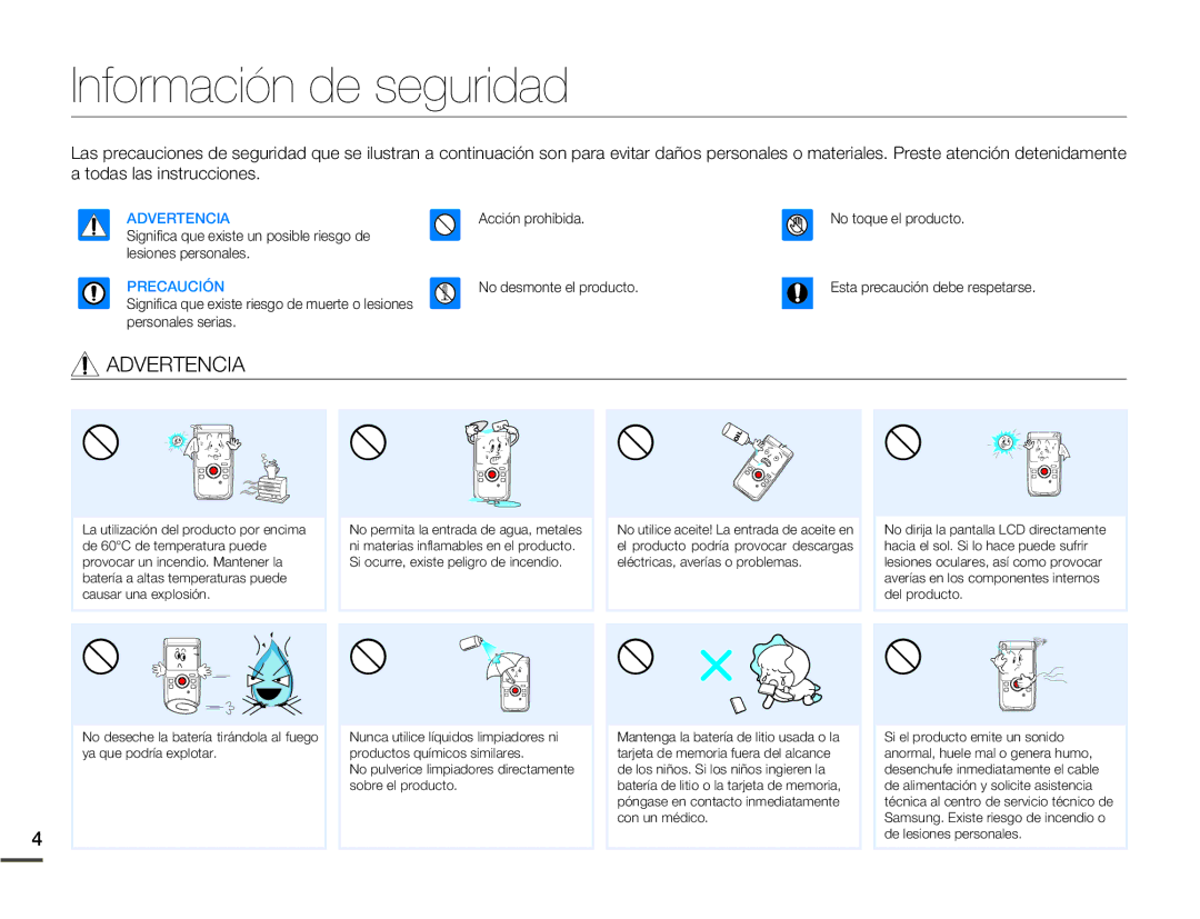 Samsung HMX-W200TP/EDC, HMX-W200RP/EDC manual Información de seguridad, Advertencia 