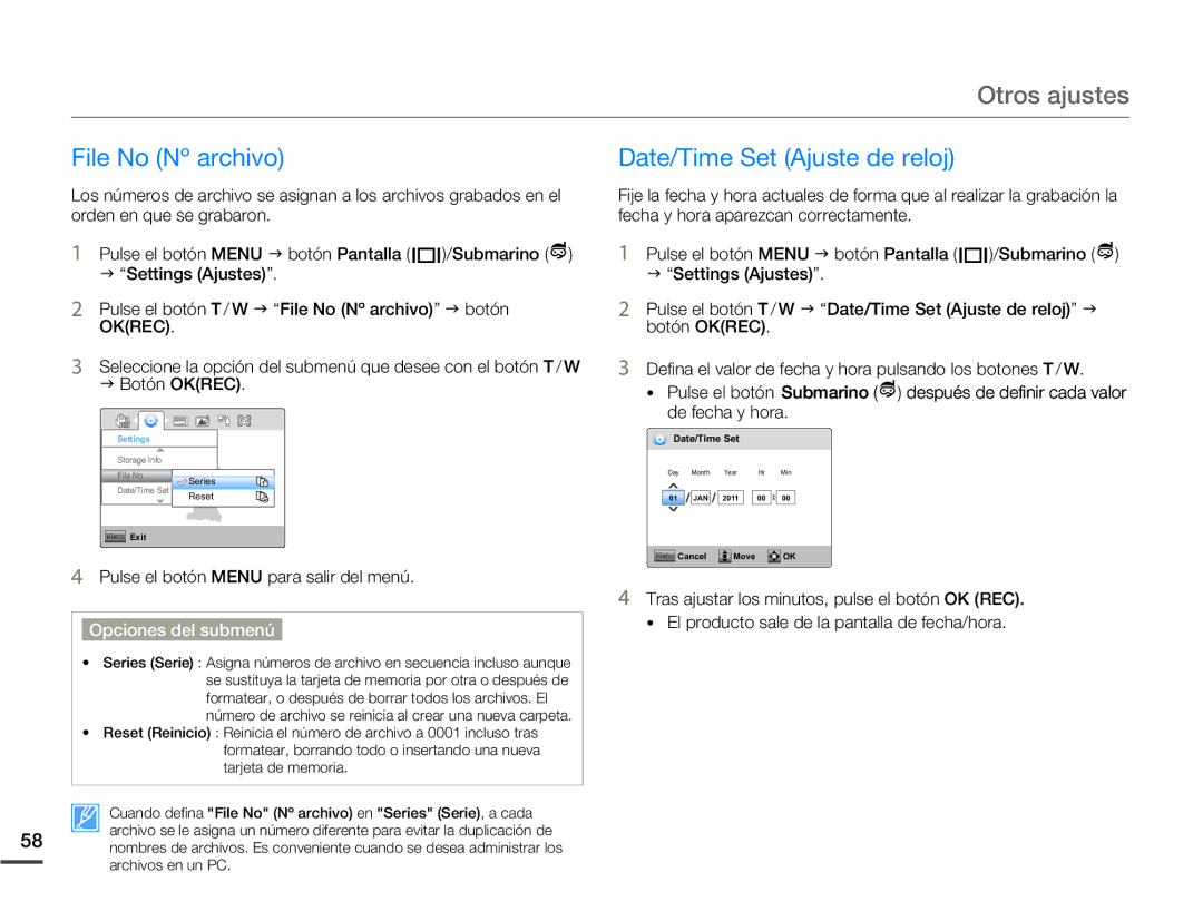 Samsung HMX-W200TP/EDC, HMX-W200RP/EDC manual Otros ajustes, File No Nº archivo, Date/Time Set Ajuste de reloj 