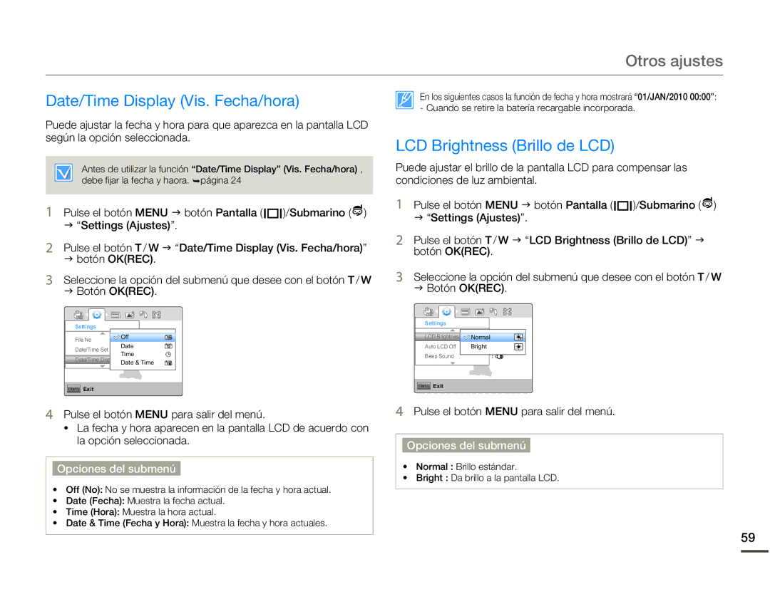Samsung HMX-W200RP/EDC, HMX-W200TP/EDC manual Date/Time Display Vis. Fecha/hora, LCD Brightness Brillo de LCD 