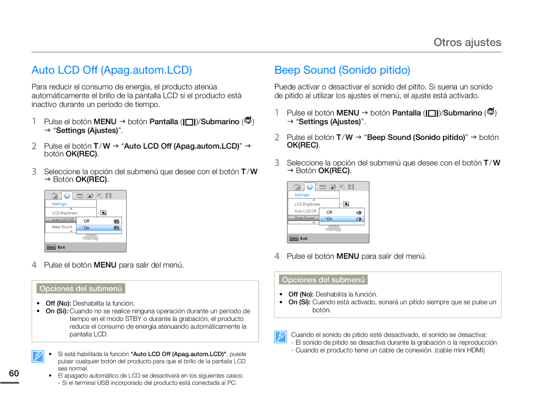 Samsung HMX-W200TP/EDC, HMX-W200RP/EDC manual Auto LCD Off Apag.autom.LCD, Beep Sound Sonido pitido 