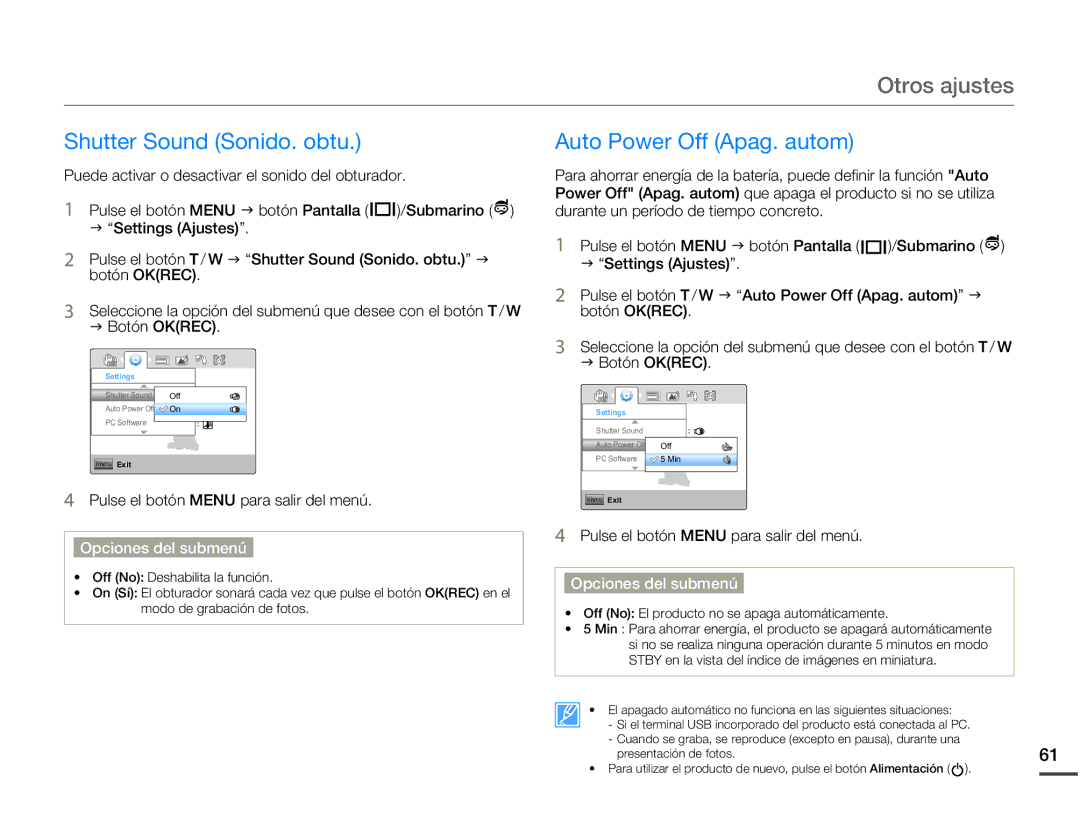 Samsung HMX-W200RP/EDC, HMX-W200TP/EDC manual Shutter Sound Sonido. obtu Auto Power Off Apag. autom 