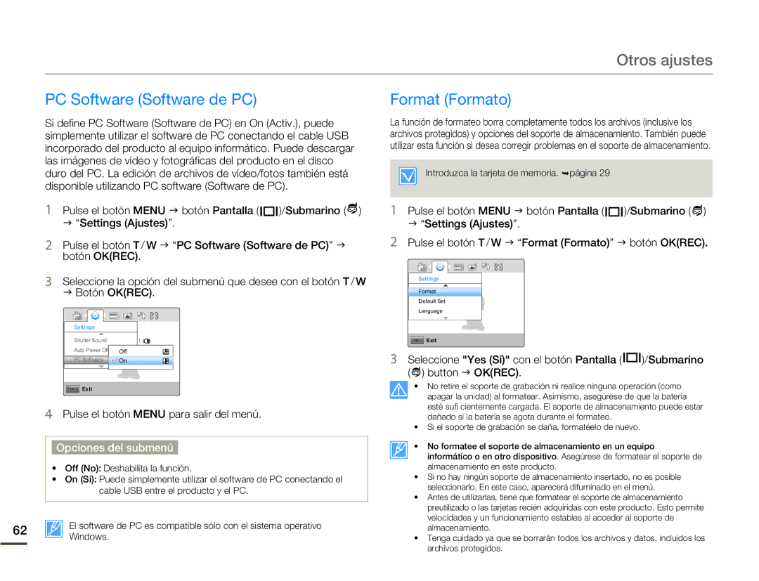 Samsung HMX-W200TP/EDC, HMX-W200RP/EDC manual PC Software Software de PC, Format Formato 