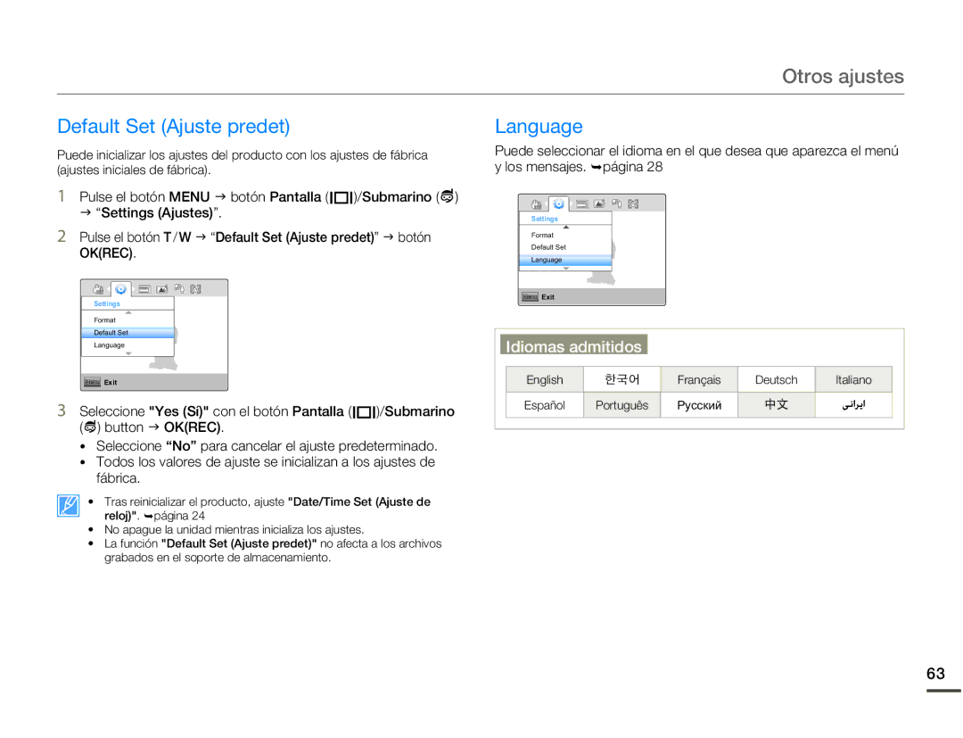 Samsung HMX-W200RP/EDC, HMX-W200TP/EDC manual Default Set Ajuste predet, Language 