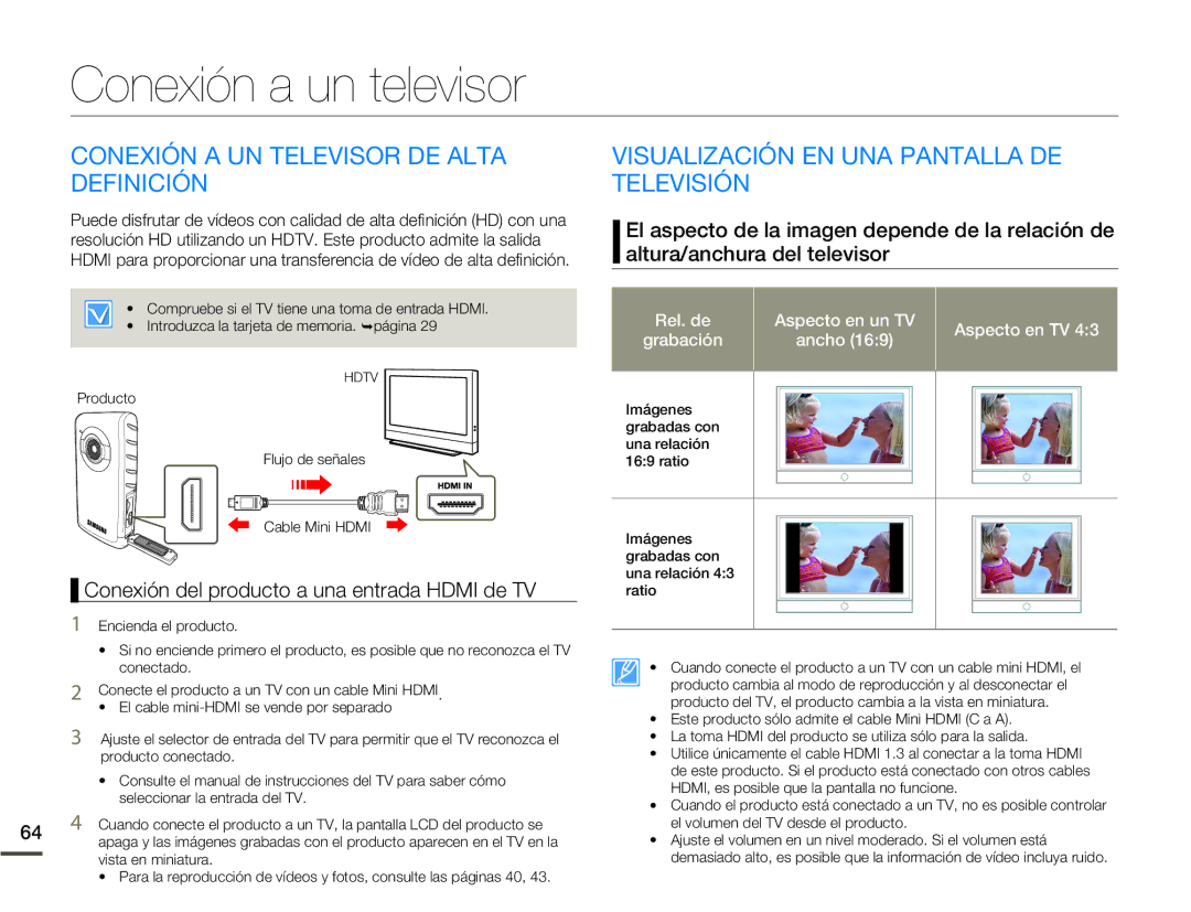 Samsung HMX-W200TP/EDC, HMX-W200RP/EDC manual Conexión a un televisor, Conexión a UN Televisor DE Alta Definición 