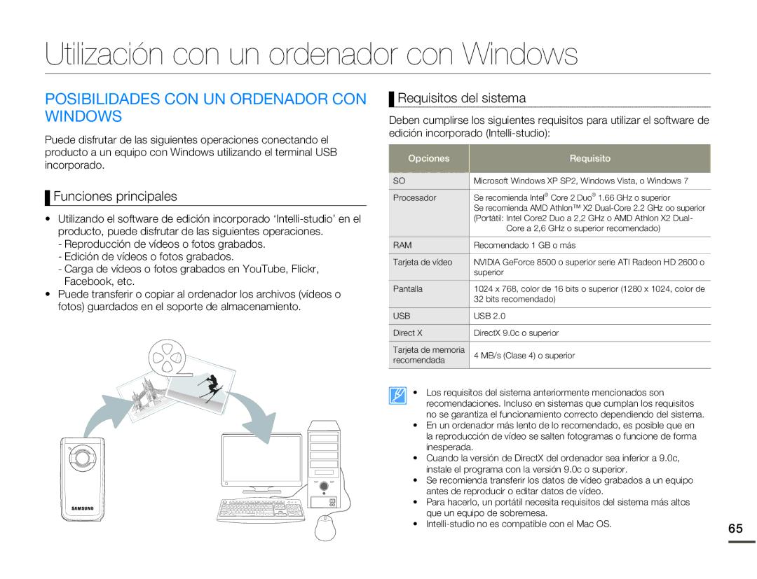 Samsung HMX-W200RP/EDC manual Utilización con un ordenador con Windows, Posibilidades CON UN Ordenador CON Windows 