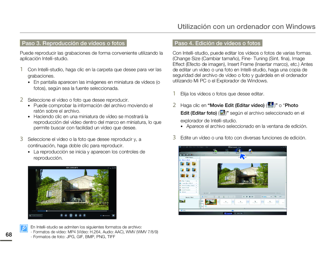 Samsung HMX-W200TP/EDC, HMX-W200RP/EDC manual Paso 3. Reproducción de vídeos o fotos, Paso 4. Edición de vídeos o fotos 