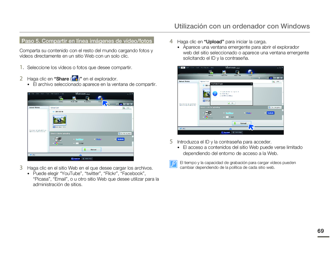 Samsung HMX-W200RP/EDC, HMX-W200TP/EDC manual Paso 5. Compartir en línea imágenes de vídeo/fotos 