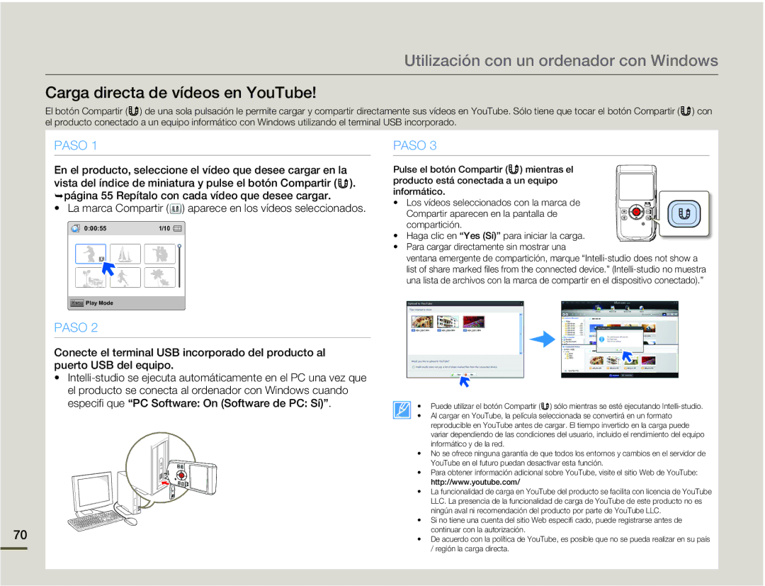 Samsung HMX-W200TP/EDC, HMX-W200RP/EDC manual Carga directa de vídeos en YouTube 