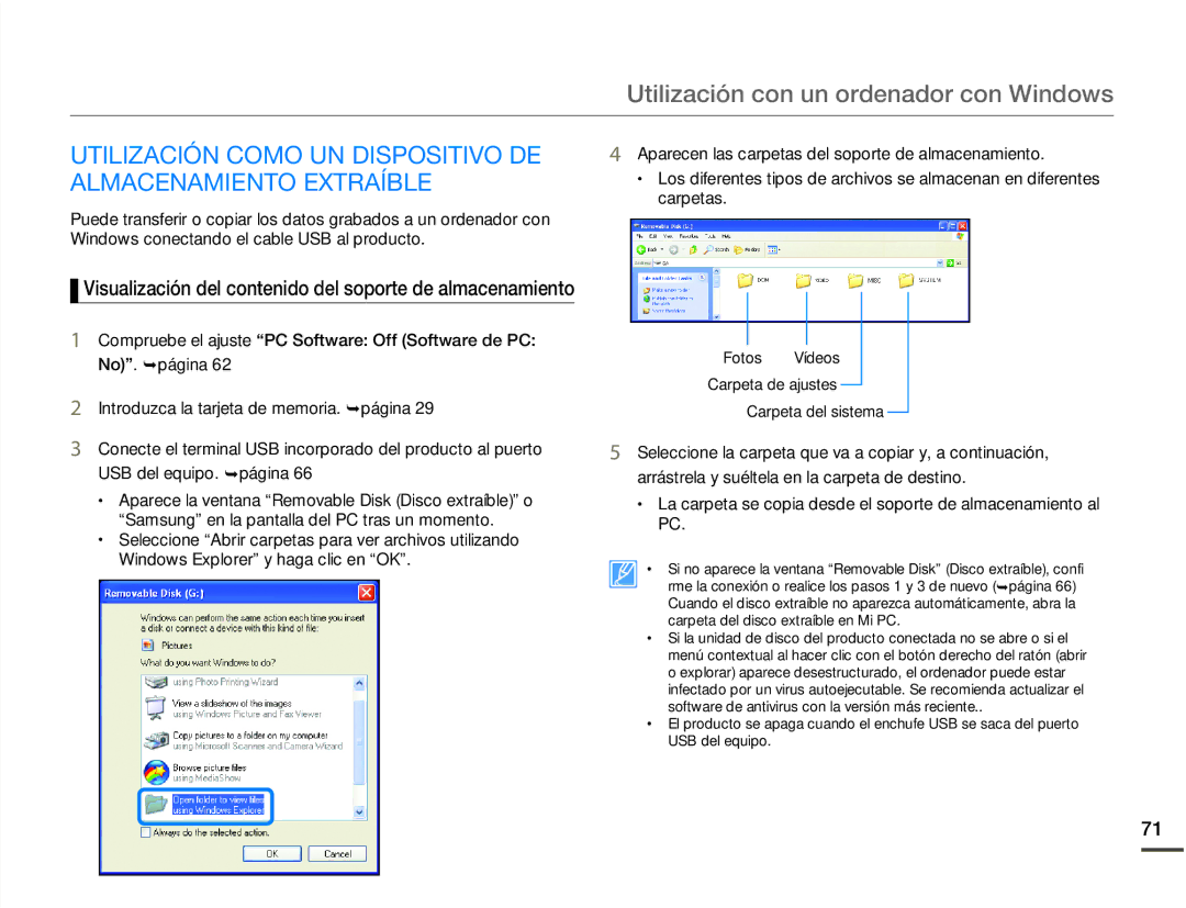 Samsung HMX-W200RP/EDC, HMX-W200TP/EDC manual Utilización Como UN Dispositivo DE Almacenamiento Extraíble 