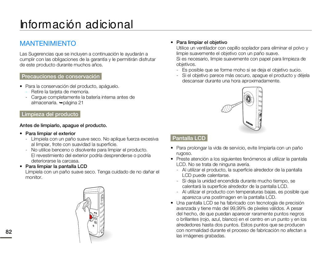 Samsung HMX-W200TP/EDC manual Información adicional, Mantenimiento, Precauciones de conservación, Limpieza del producto 