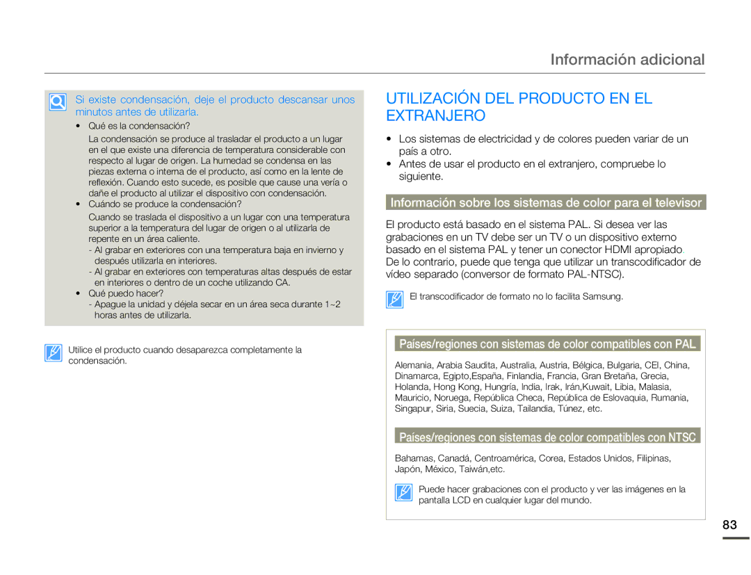 Samsung HMX-W200RP/EDC, HMX-W200TP/EDC manual Información adicional, Utilización DEL Producto EN EL Extranjero 